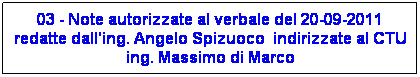 Casella di testo: 03 - Note autorizzate al verbale del 20-09-2011 redatte dall'ing. Angelo Spizuoco  indirizzate al CTU ing. Massimo di Marco
